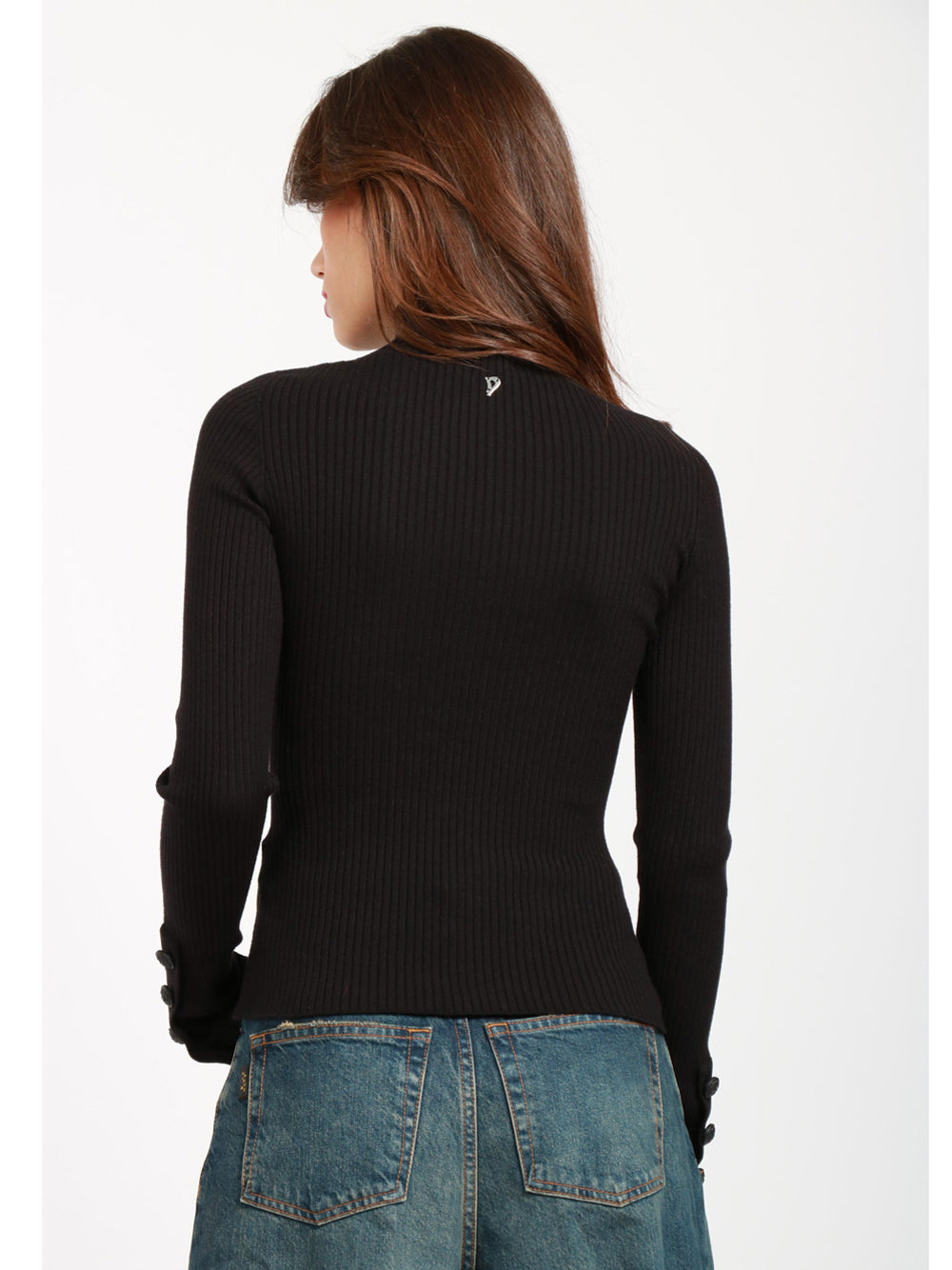 DONDUP Maglia a Costine Nera con Collo Alto e Bottoni Nero
