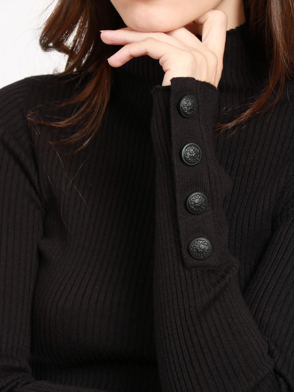 DONDUP Maglia a Costine Nera con Collo Alto e Bottoni Nero