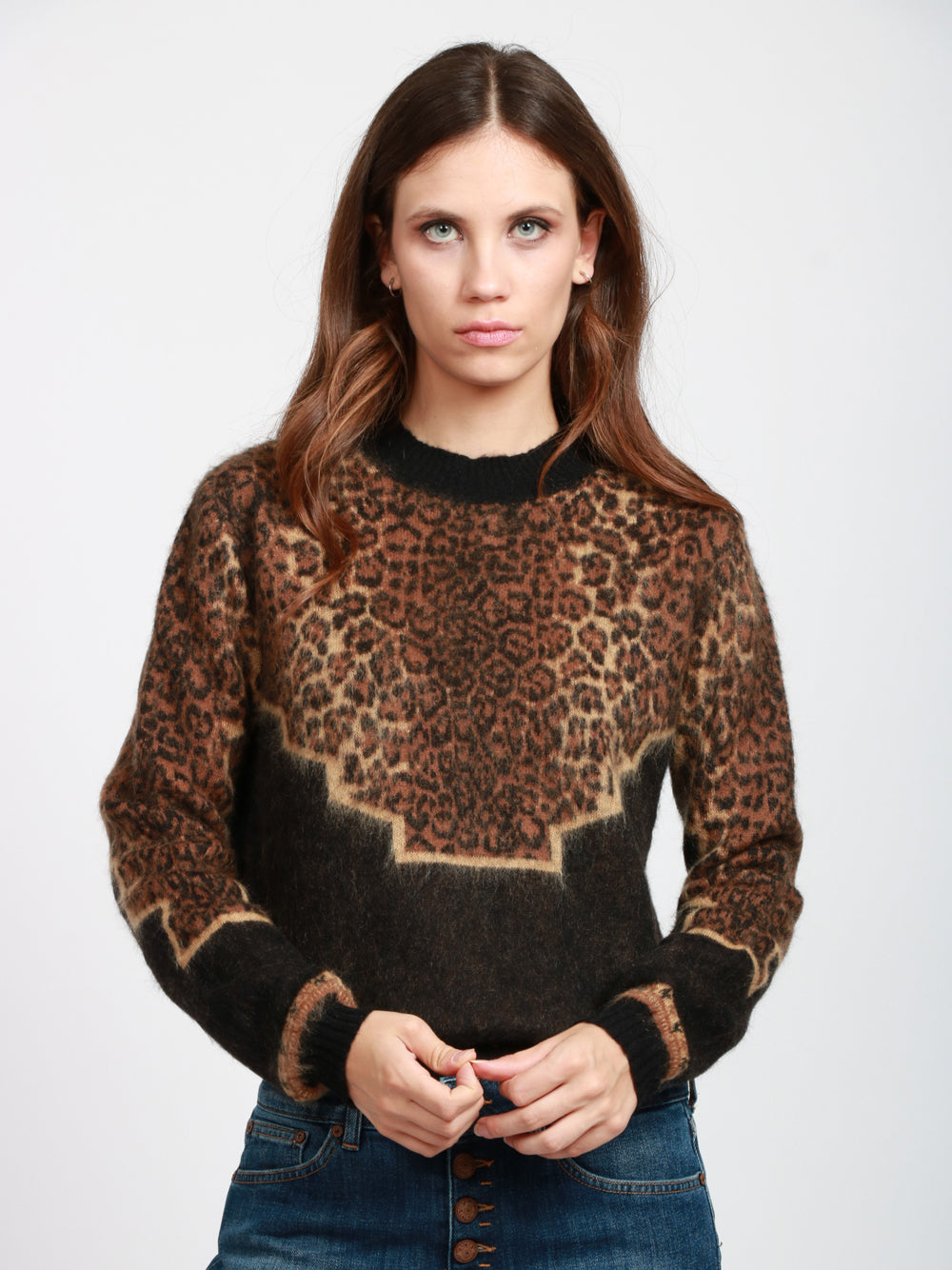 DONDUP Maglia Maculata Maniche Lunghe in Mohair Nero e Marrone Nero/maculato