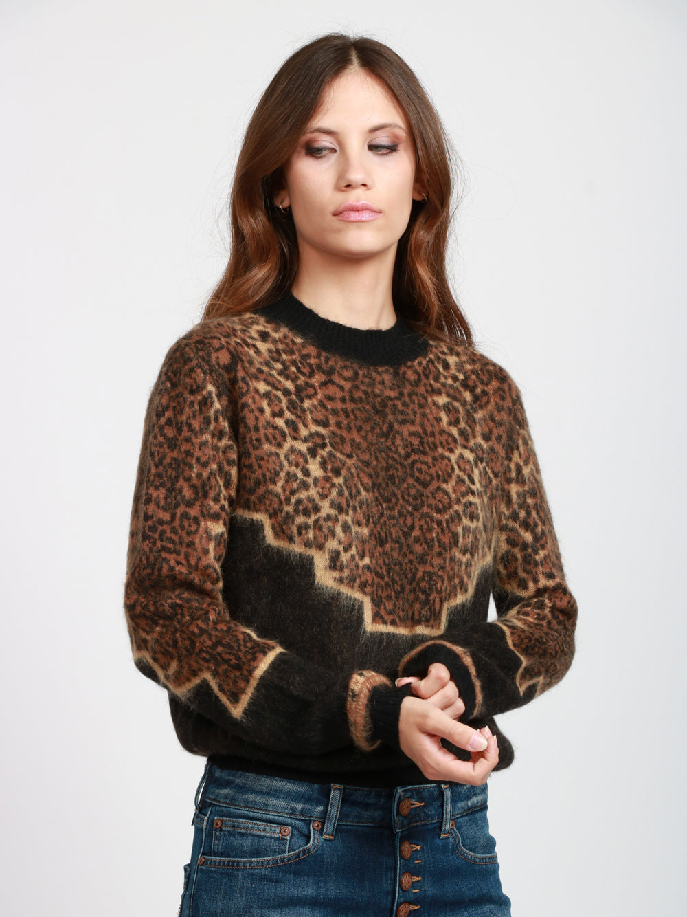 DONDUP Maglia Maculata Maniche Lunghe in Mohair Nero e Marrone Nero/maculato