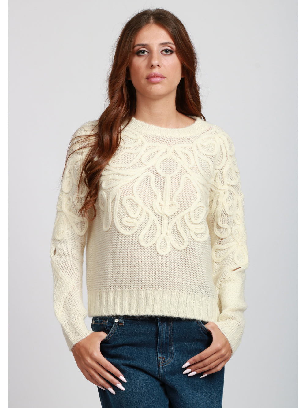 DONDUP Maglia Girocollo in Misto Mohair Panna con Ricami Panna