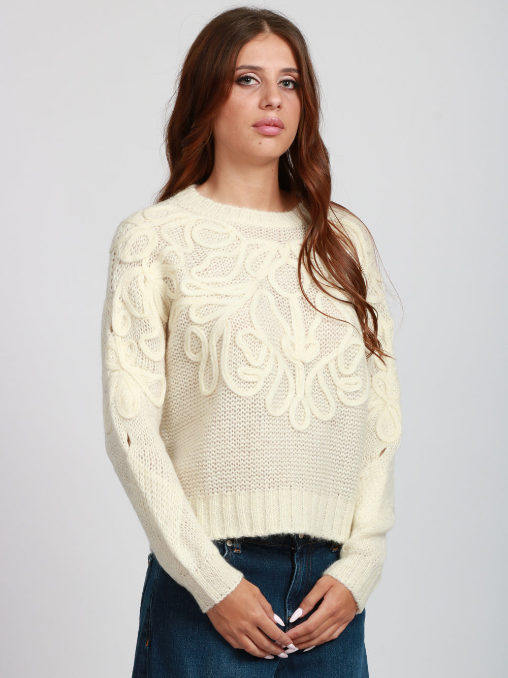 DONDUP Maglia Girocollo in Misto Mohair Panna con Ricami Panna