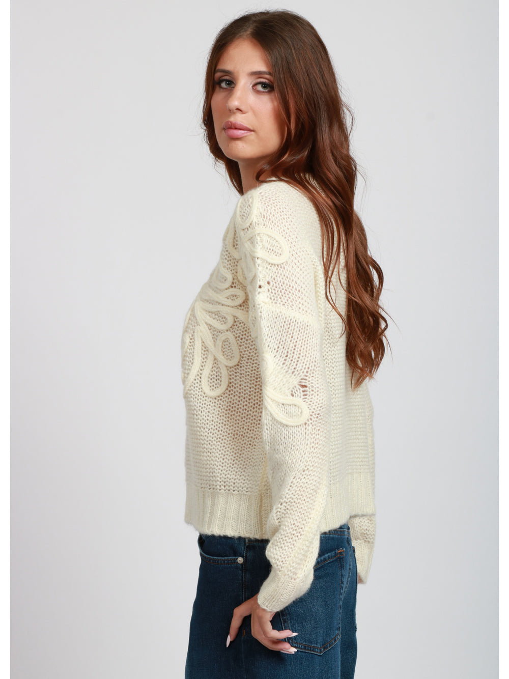DONDUP Maglia Girocollo in Misto Mohair Panna con Ricami Panna