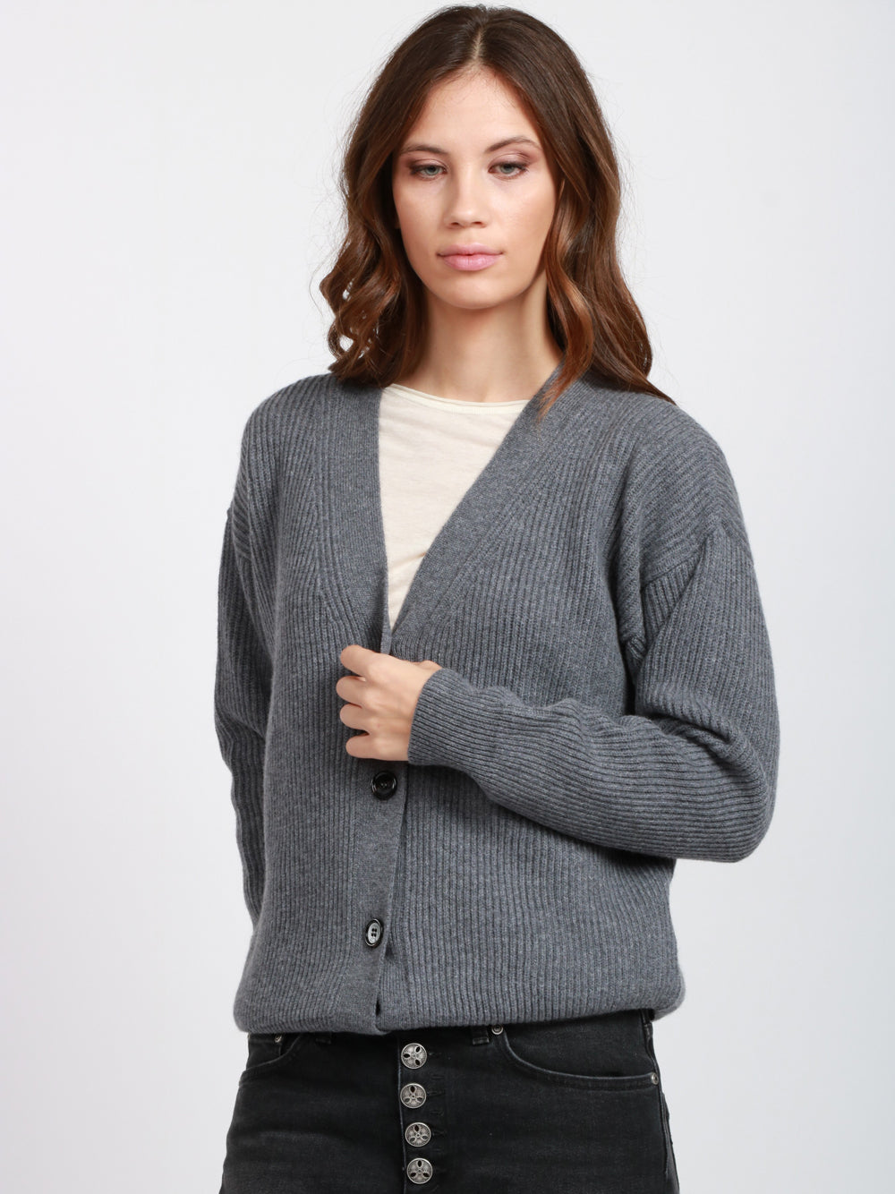 DONDUP Cardigan a Costine in Lana e Cashmere Grigio Grigio
