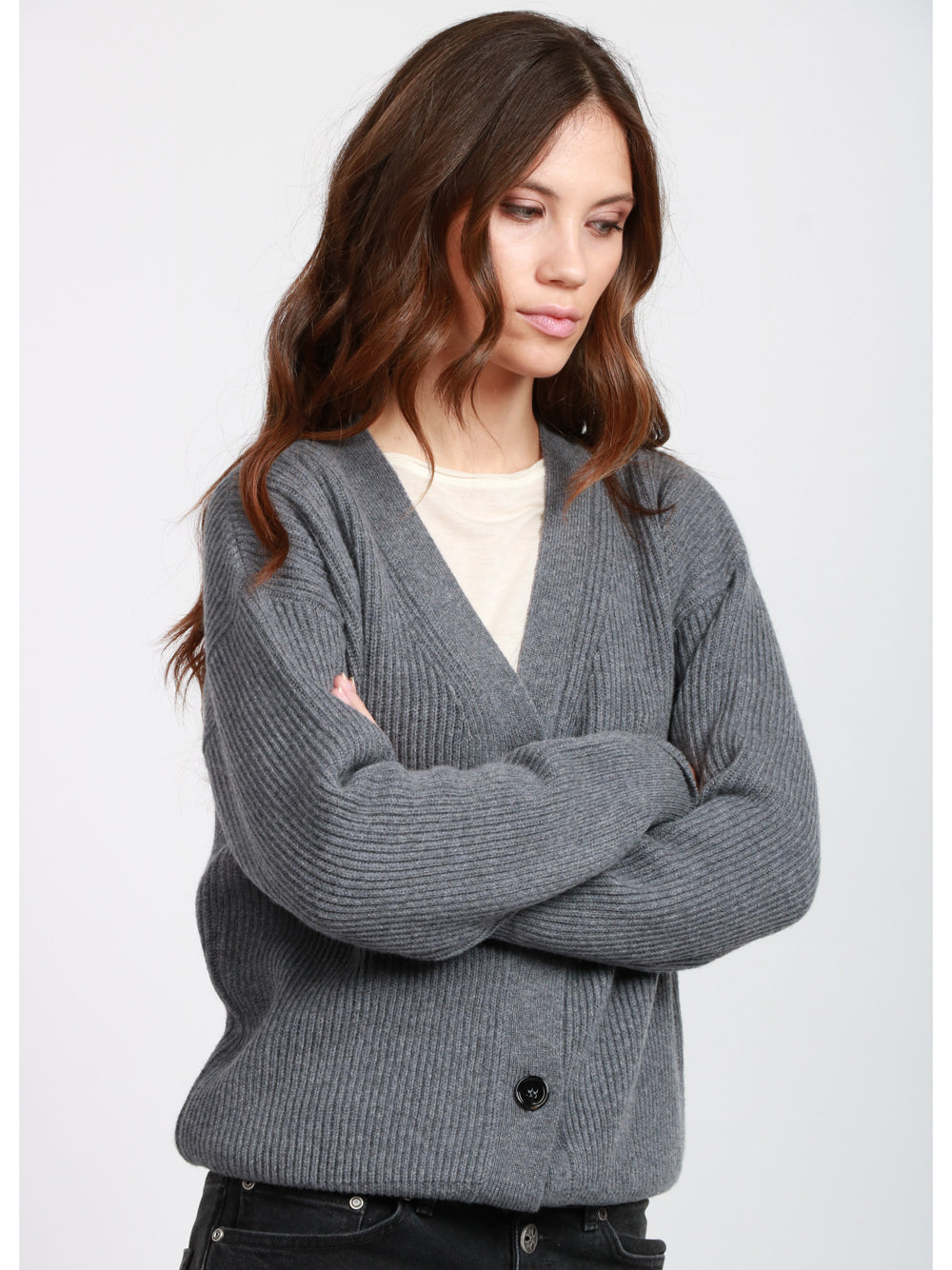 DONDUP Cardigan a Costine in Lana e Cashmere Grigio Grigio