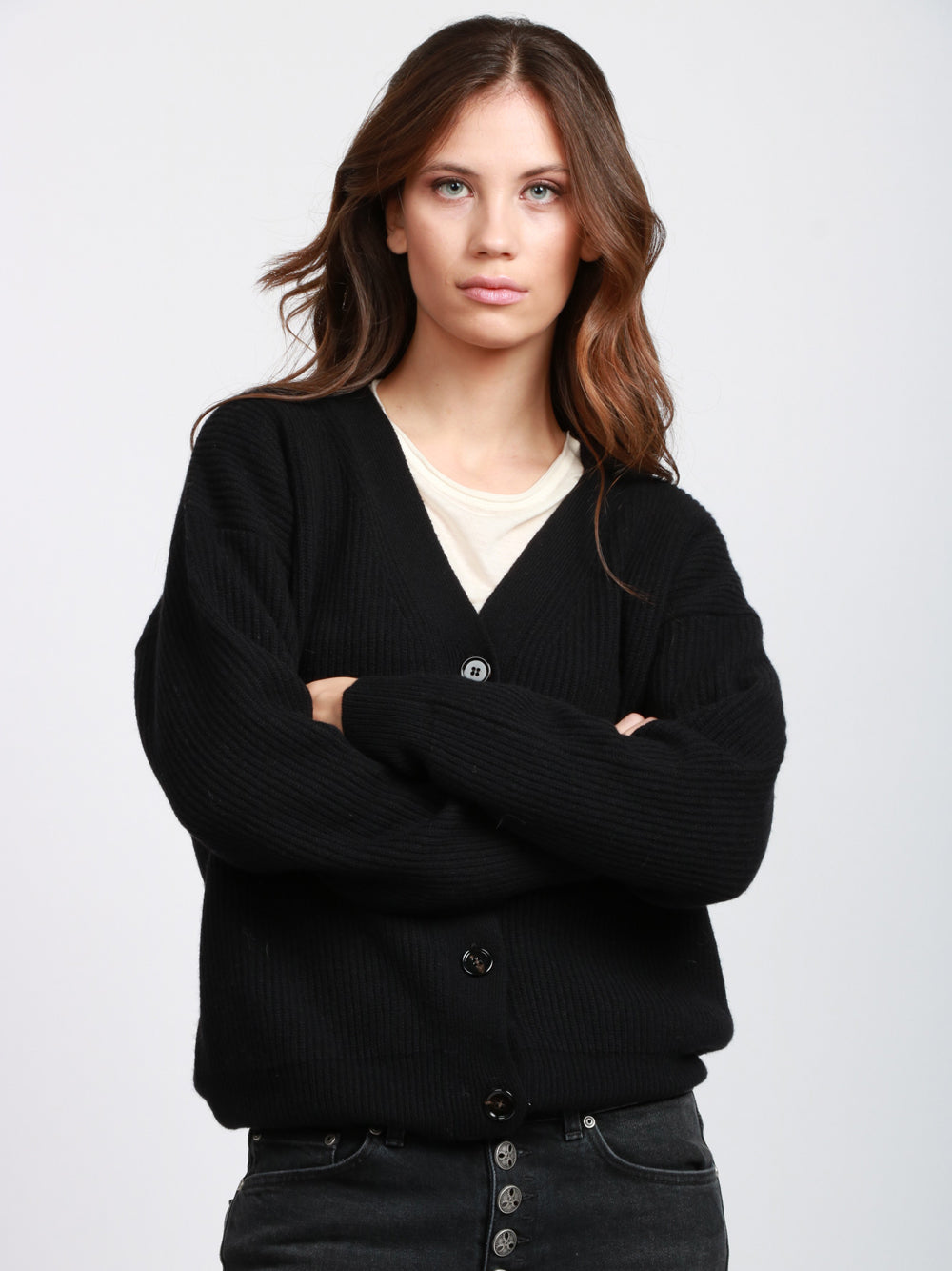 DONDUP Cardigan a Costine in Lana e Cashmere Nero Nero