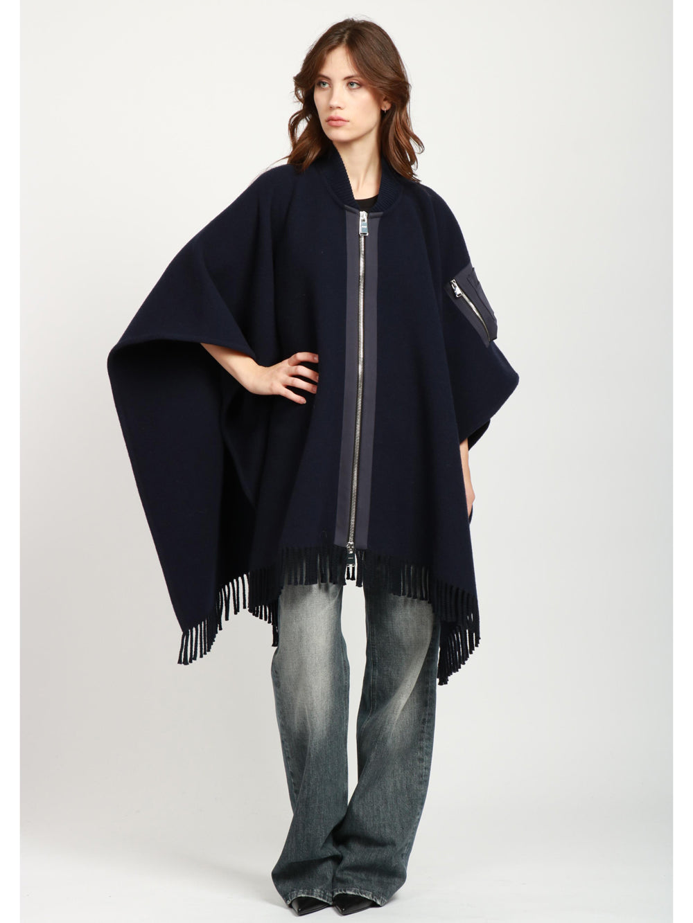DONDUP Cappa in Lana Blu Notte con Frange Blu