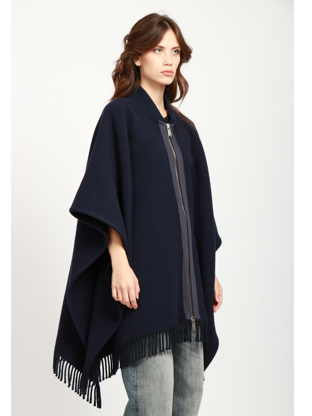 DONDUP Cappa in Lana Blu Notte con Frange Blu