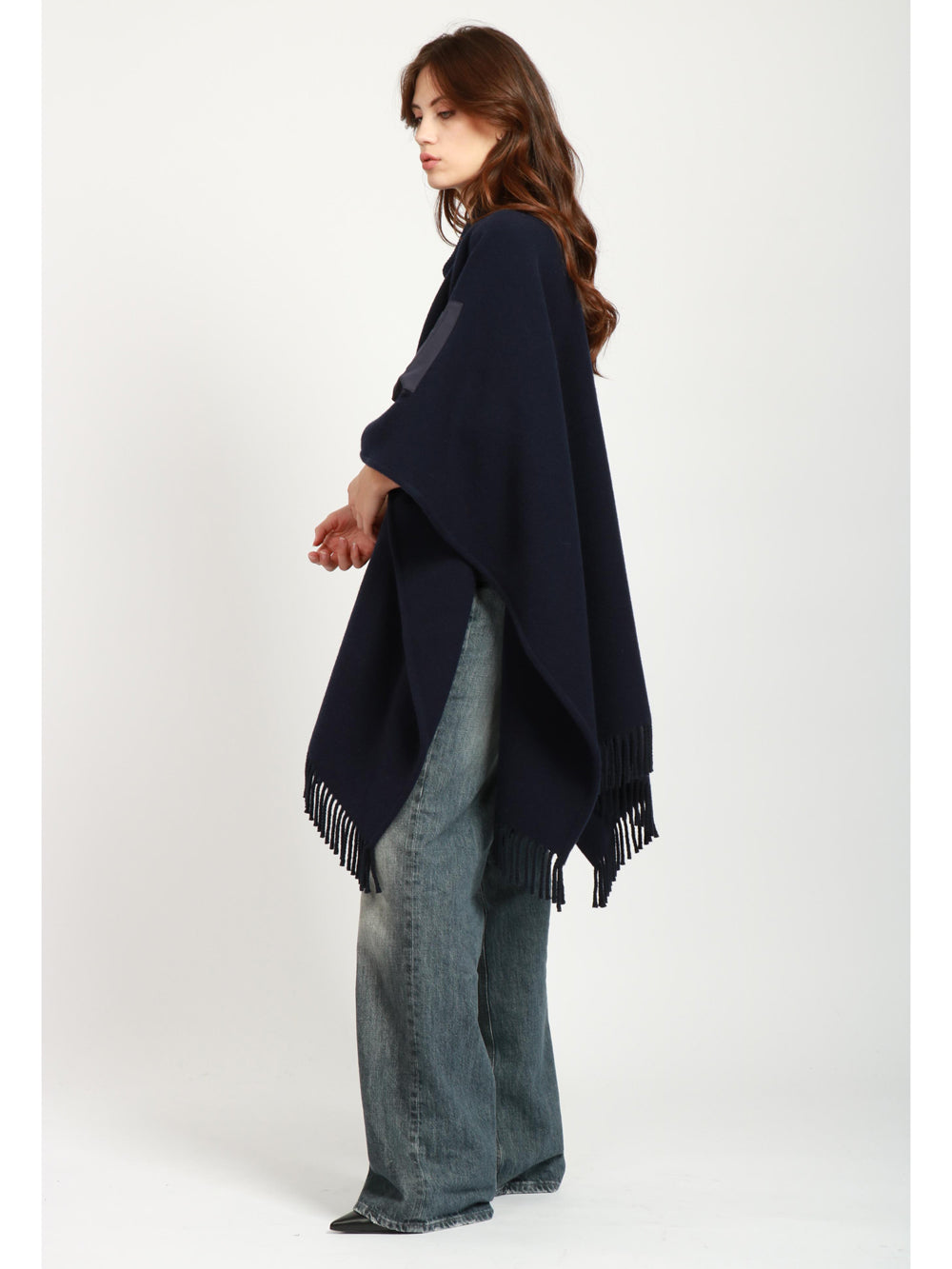 DONDUP Cappa in Lana Blu Notte con Frange Blu