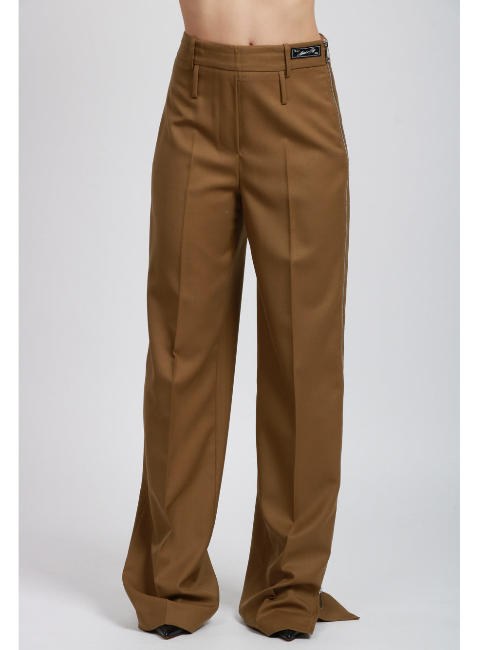 ERIKA CAVALLINI Pantaloni Acantha Palazzo in Fresco di Lana Kaki con Zip Kaki