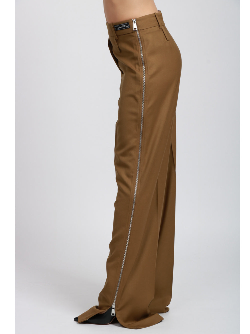 ERIKA CAVALLINI Pantaloni Acantha Palazzo in Fresco di Lana Kaki con Zip Kaki