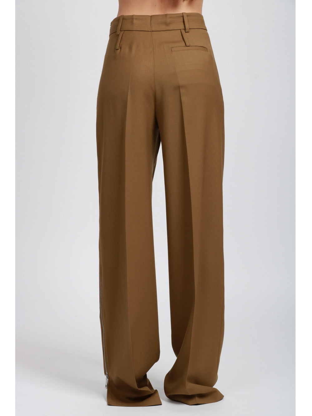 ERIKA CAVALLINI Pantaloni Acantha Palazzo in Fresco di Lana Kaki con Zip Kaki