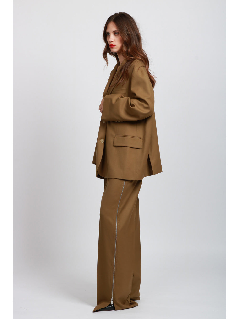 ERIKA CAVALLINI Pantaloni Acantha Palazzo in Fresco di Lana Kaki con Zip Kaki