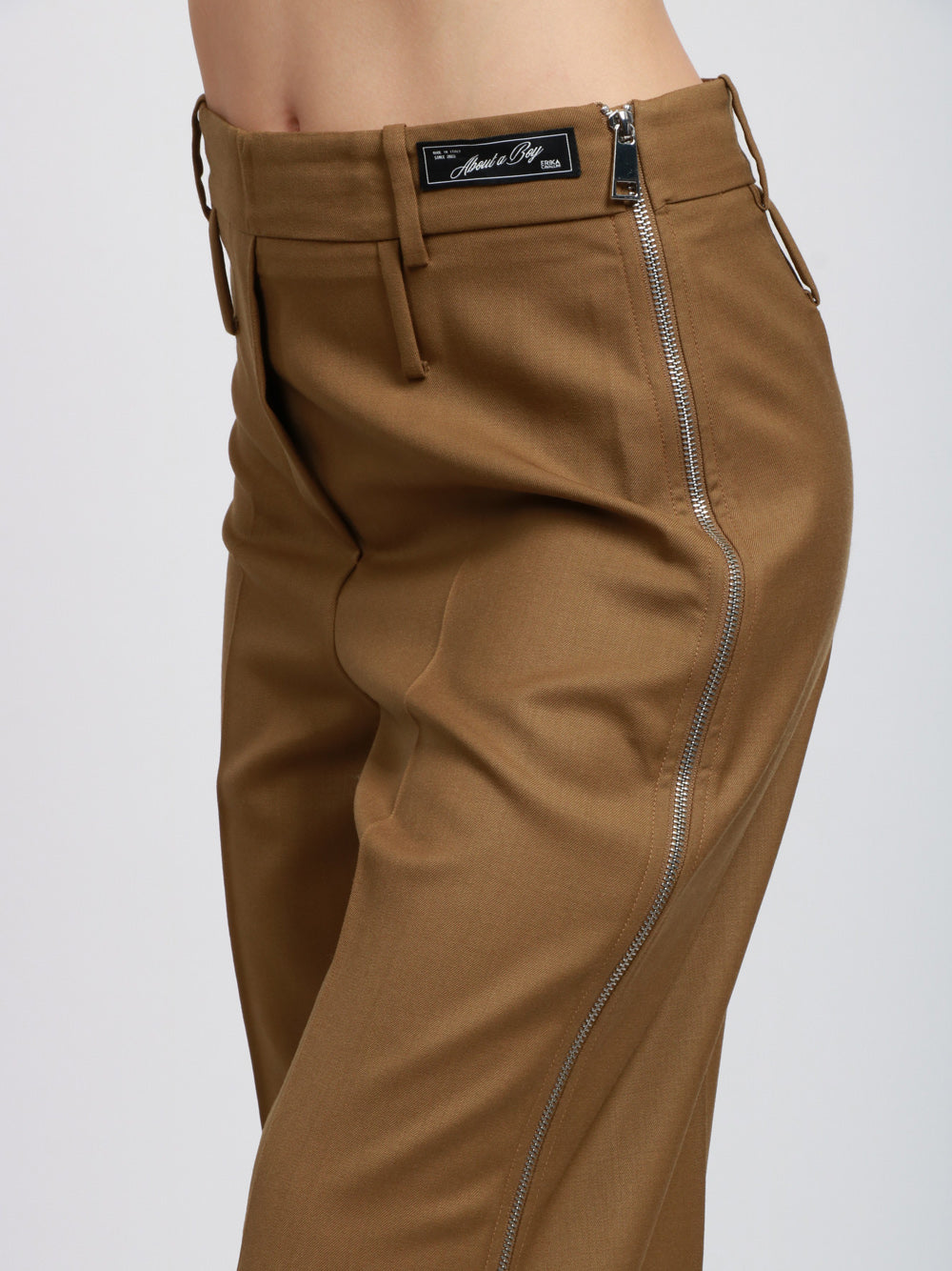 ERIKA CAVALLINI Pantaloni Acantha Palazzo in Fresco di Lana Kaki con Zip Kaki