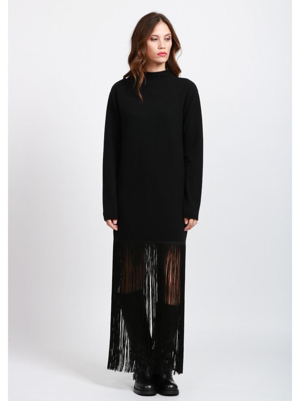 ERIKA CAVALLINI Vestito Daniela in Cashmere Nero con Frange Nero