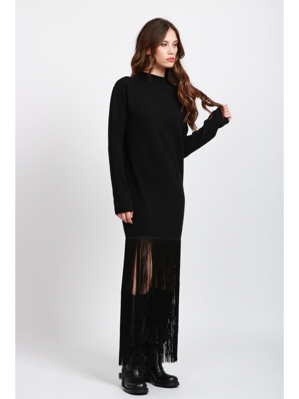 ERIKA CAVALLINI Vestito Daniela in Cashmere Nero con Frange Nero