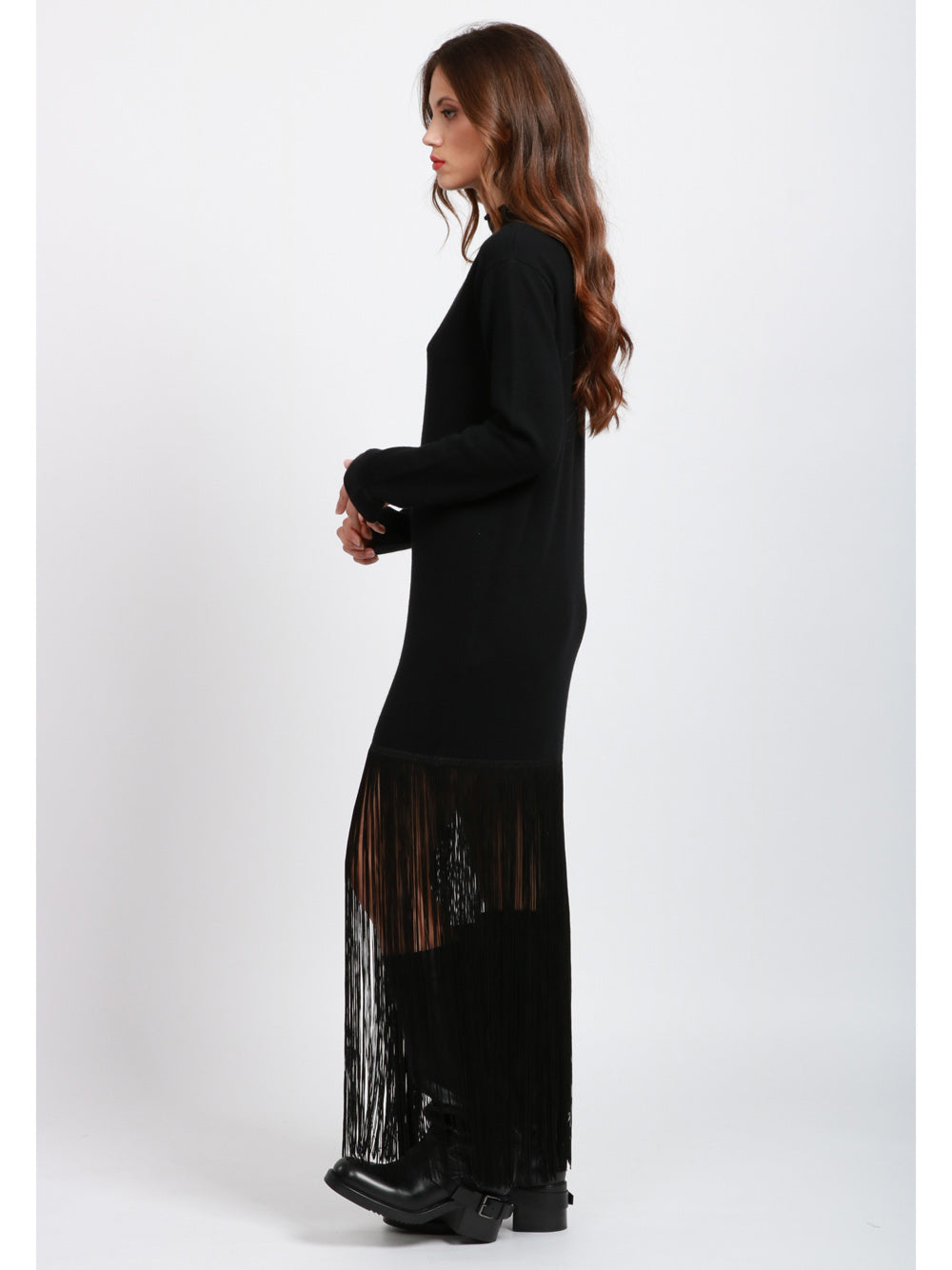 ERIKA CAVALLINI Vestito Daniela in Cashmere Nero con Frange Nero