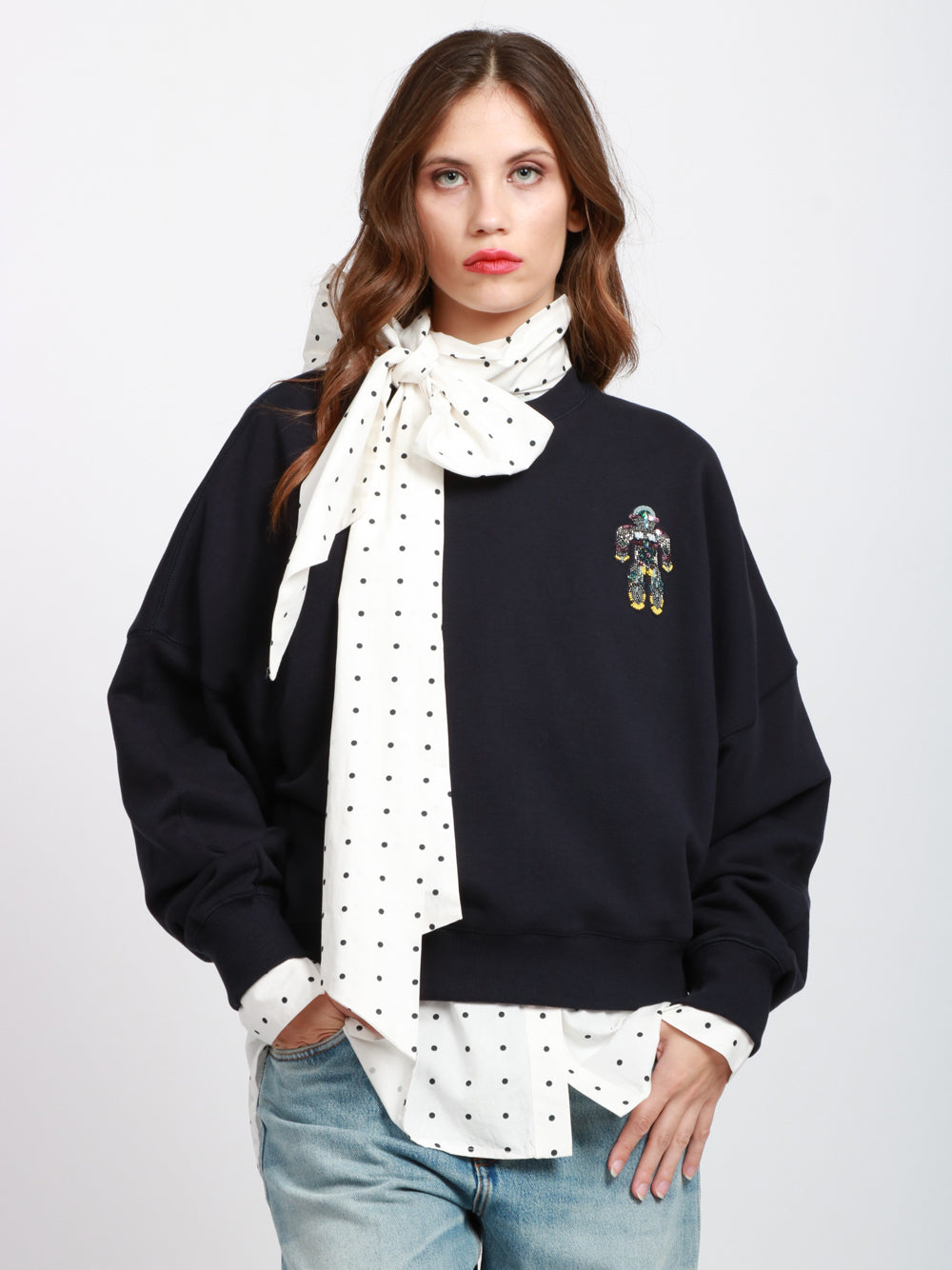 ESSENTIEL ANTWERP Felpa Ibernatus Girocollo in Cotone Blu con Robot Blu navy