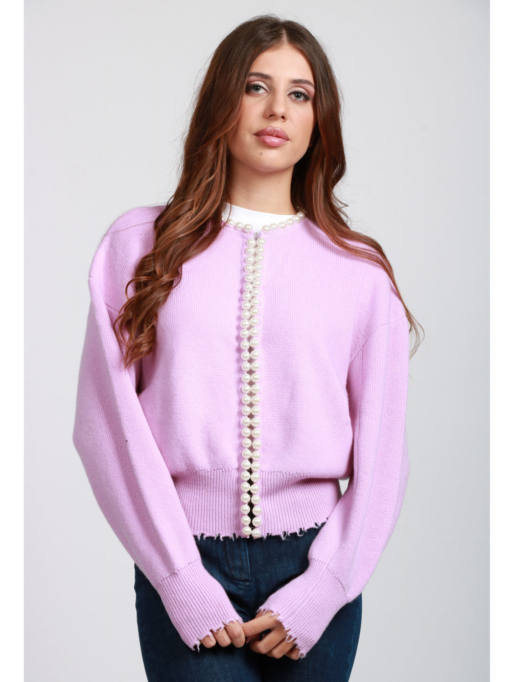 ESSENTIEL ANTWERP Cardigan Ideas in Misto Lana e Cashmere Rosa con Perle Rosa