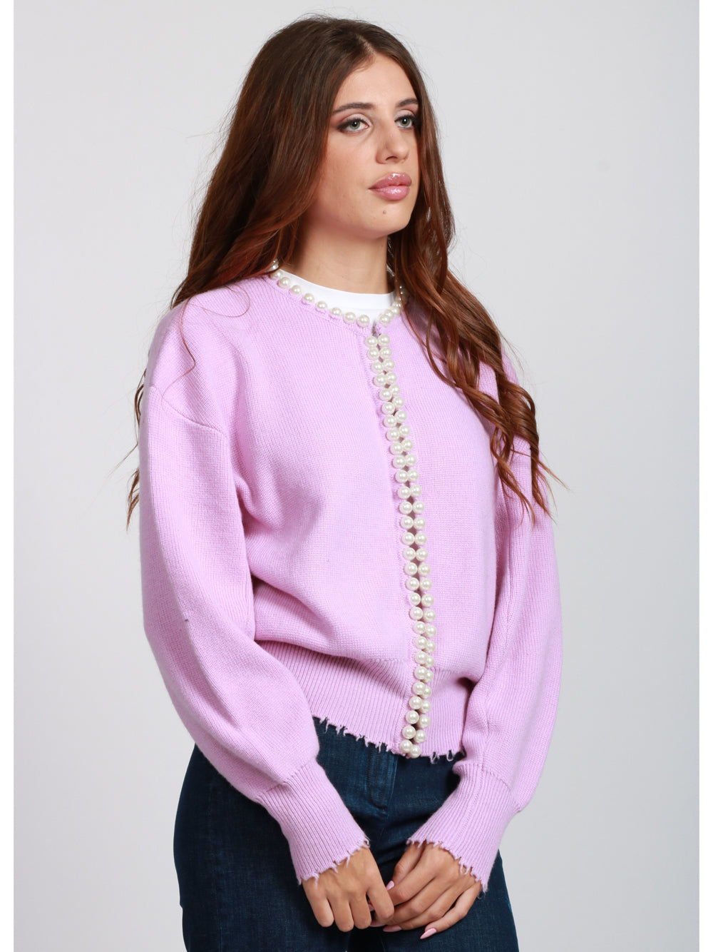 ESSENTIEL ANTWERP Cardigan Ideas in Misto Lana e Cashmere Rosa con Perle Rosa