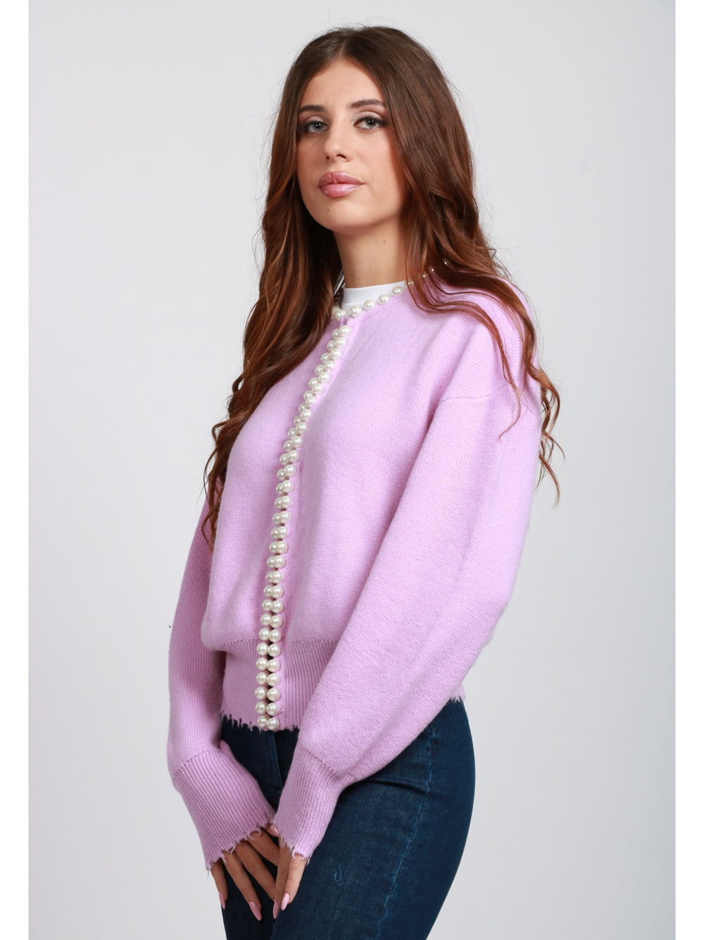 ESSENTIEL ANTWERP Cardigan Ideas in Misto Lana e Cashmere Rosa con Perle Rosa