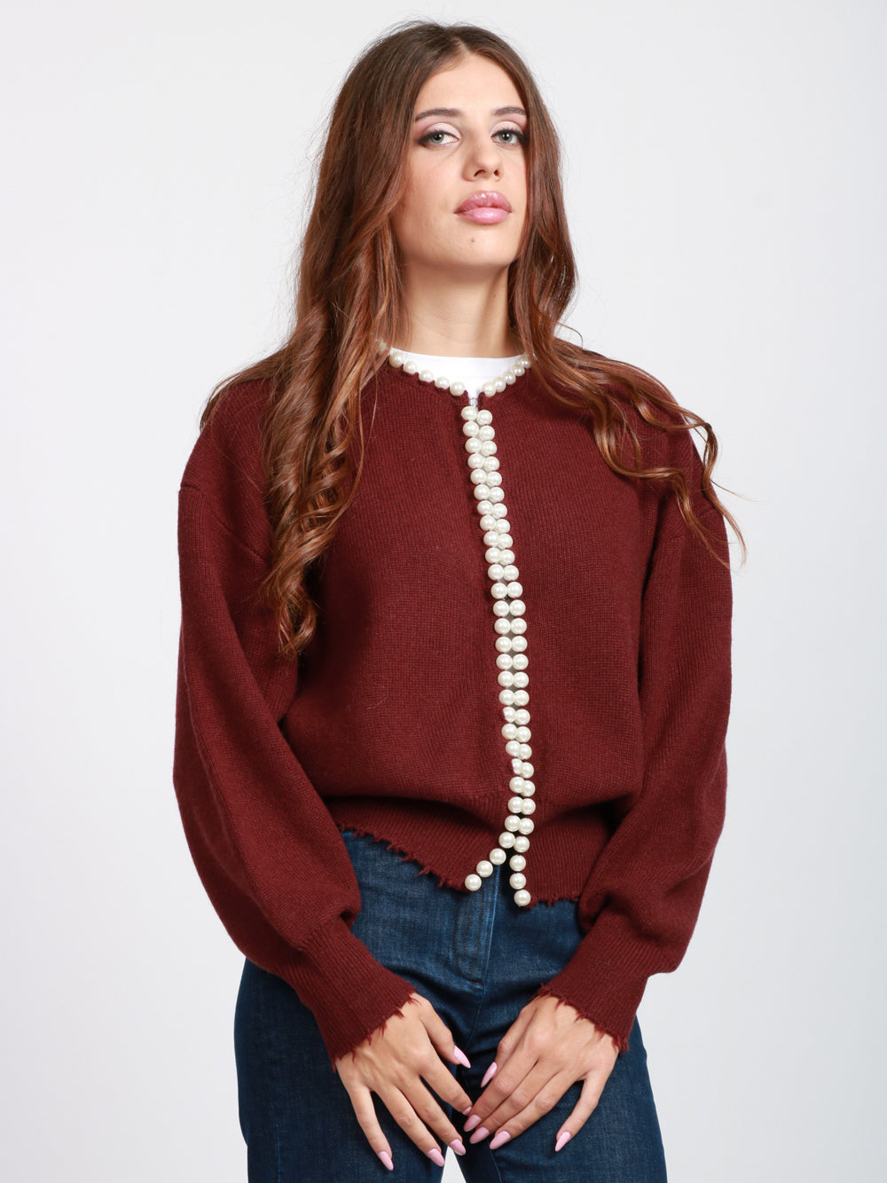 ESSENTIEL ANTWERP Cardigan Ideas in Misto Lana e Cashmere Bordeaux con Perle Bordeaux