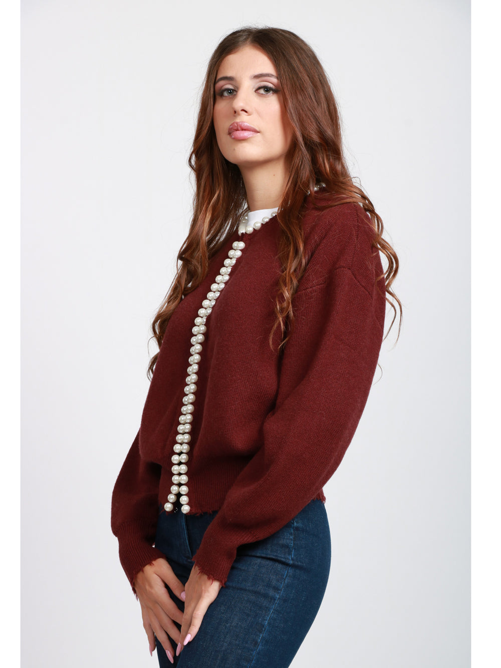 ESSENTIEL ANTWERP Cardigan Ideas in Misto Lana e Cashmere Bordeaux con Perle Bordeaux