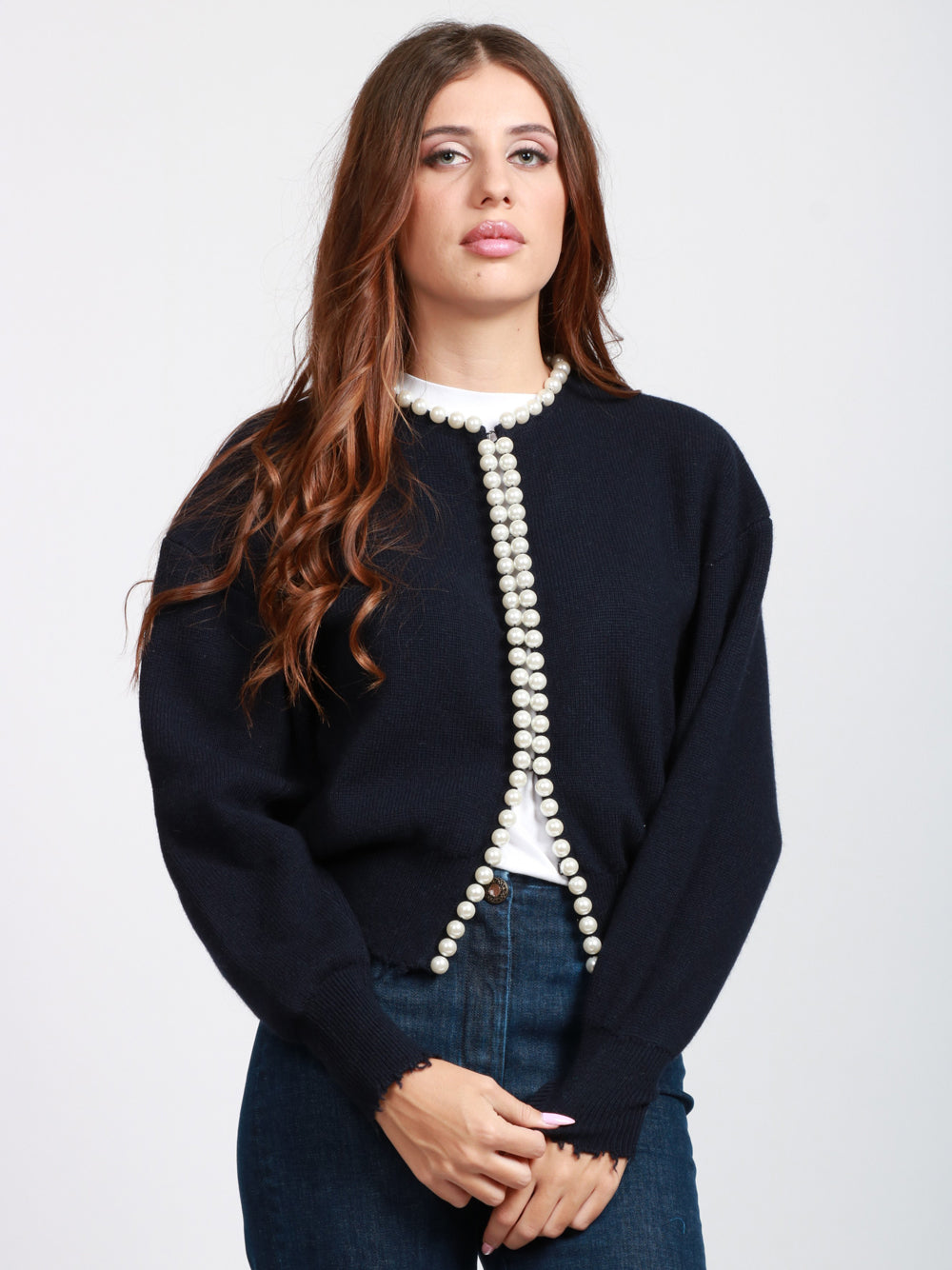 ESSENTIEL ANTWERP Cardigan Ideas in Misto Lana e Cashmere Blu Notte con Perle Blu notte