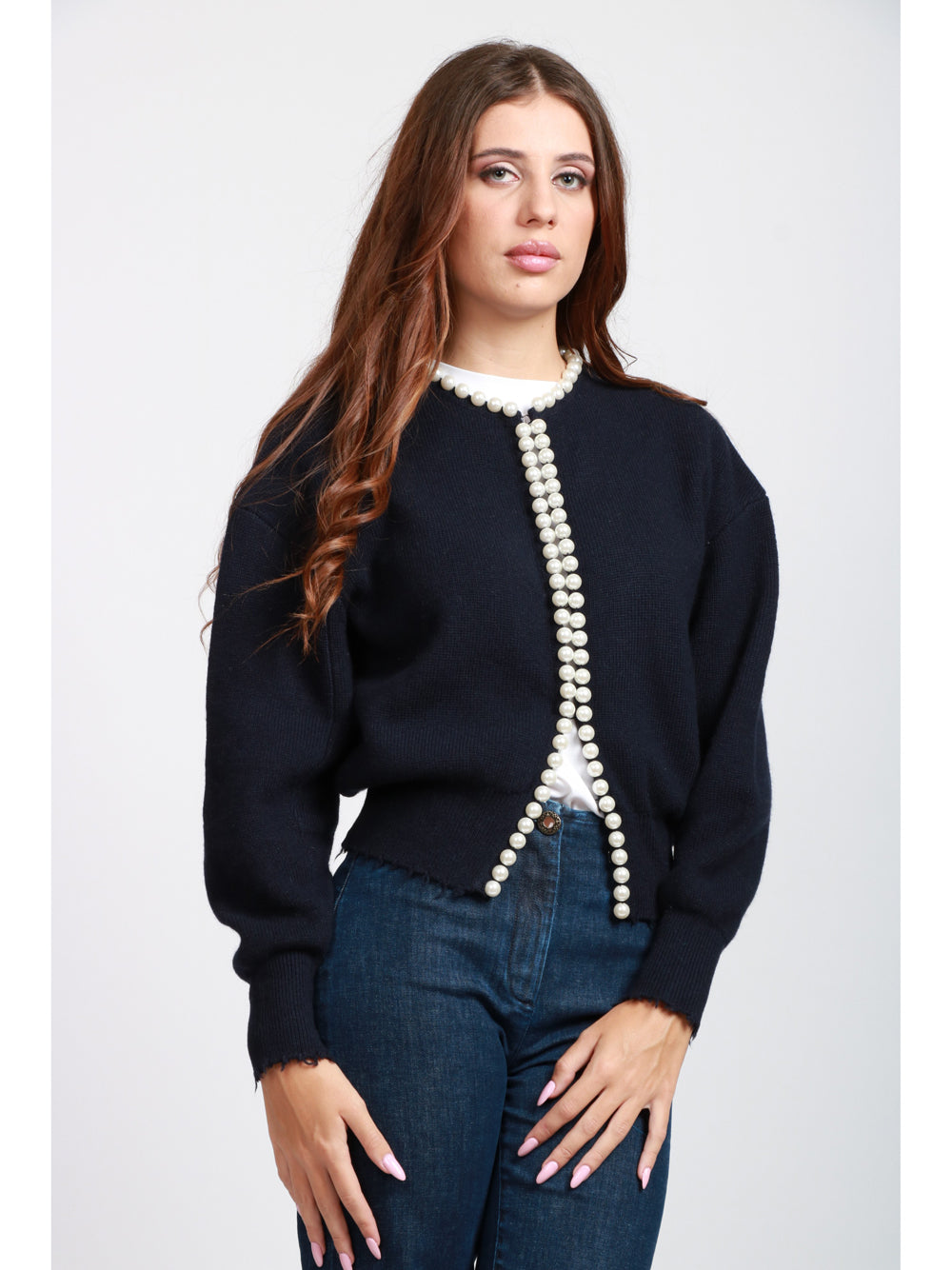 ESSENTIEL ANTWERP Cardigan Ideas in Misto Lana e Cashmere Blu Notte con Perle Blu notte