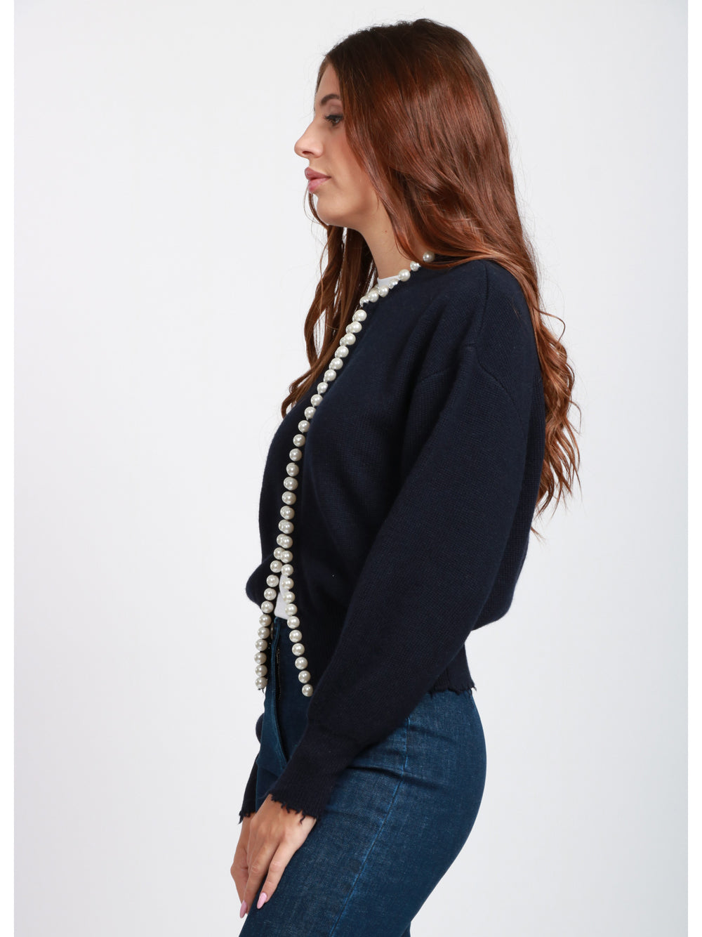 ESSENTIEL ANTWERP Cardigan Ideas in Misto Lana e Cashmere Blu Notte con Perle Blu notte