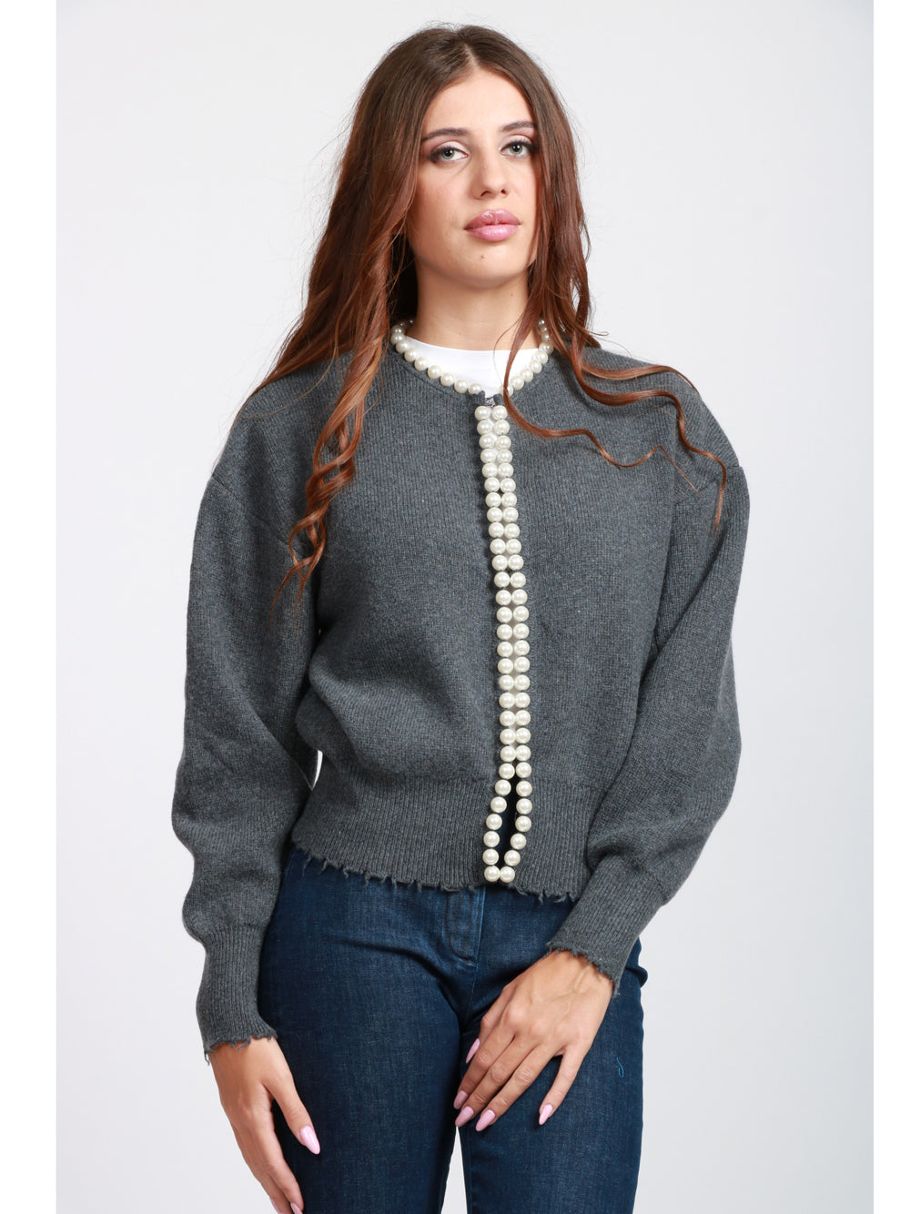 ESSENTIEL ANTWERP Cardigan Ideas in Misto Lana e Cashmere Grigio con Perle Grigio