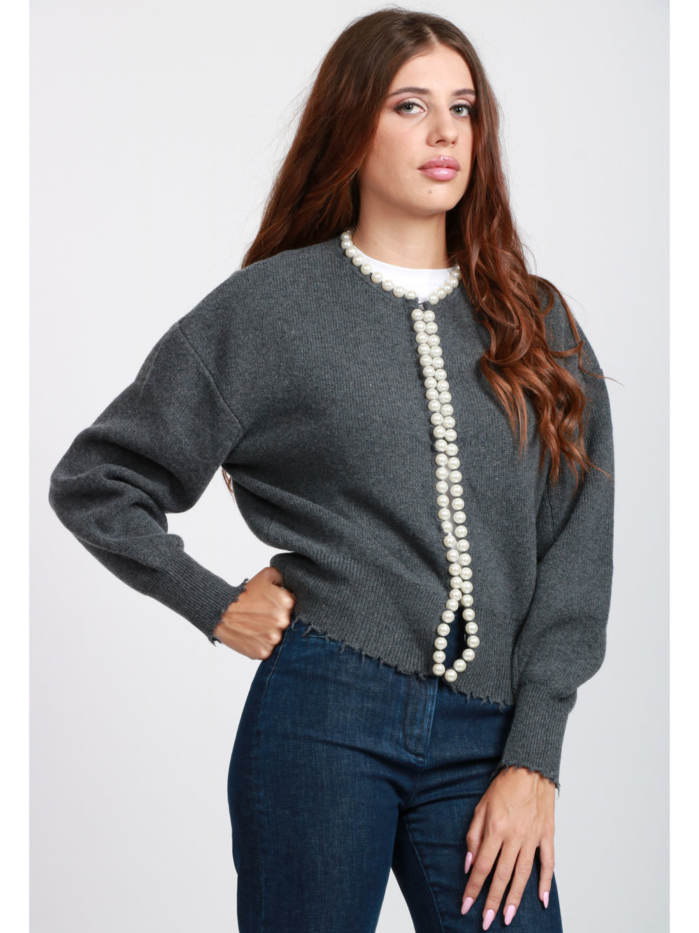 ESSENTIEL ANTWERP Cardigan Ideas in Misto Lana e Cashmere Grigio con Perle Grigio