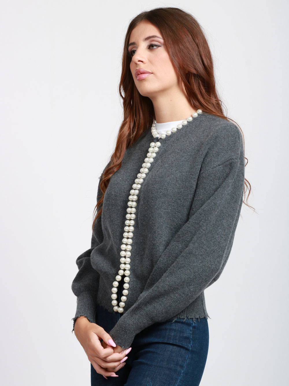 ESSENTIEL ANTWERP Cardigan Ideas in Misto Lana e Cashmere Grigio con Perle Grigio
