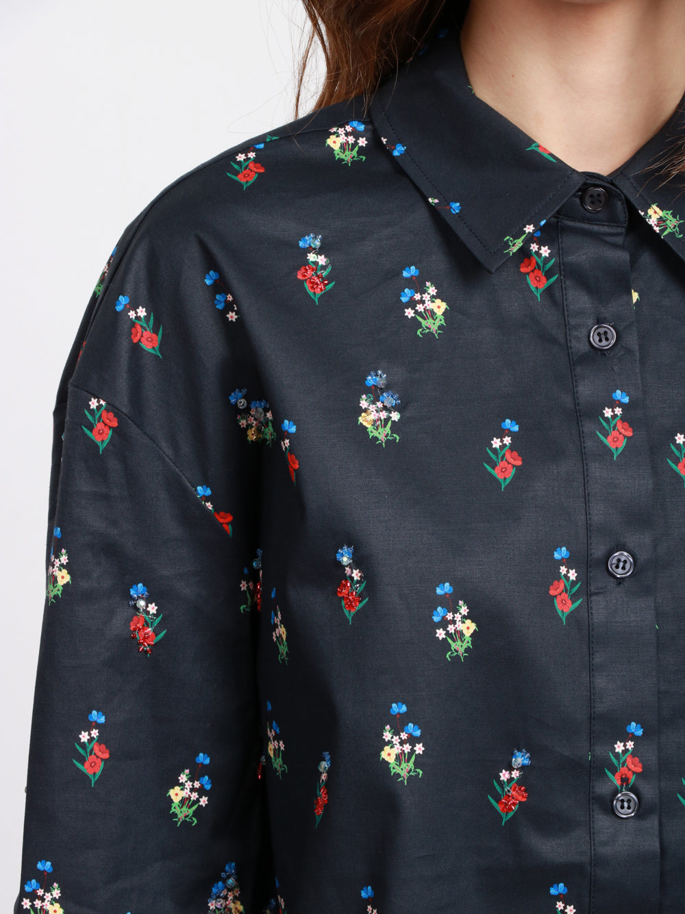 ESSENTIEL ANTWERP Camicia Ililly in Cotone Blu con Fiori in Paillettes Blu+color