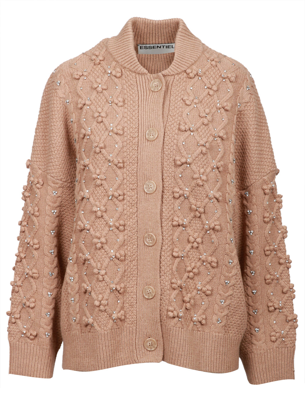 ESSENTIEL ANTWERP Cardigan Iltimate in Lana Cammello con Lavorazione e Strass Cammello