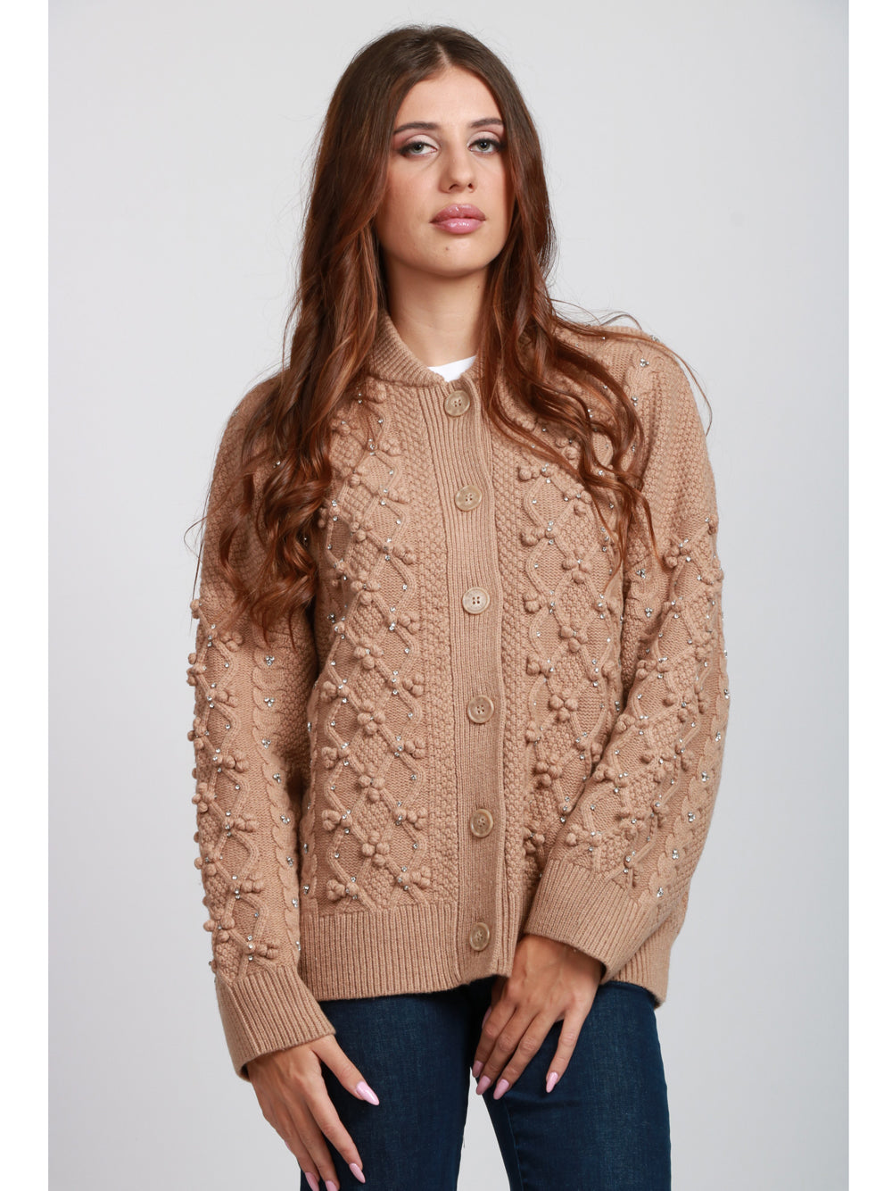 ESSENTIEL ANTWERP Cardigan Iltimate in Lana Cammello con Lavorazione e Strass Cammello