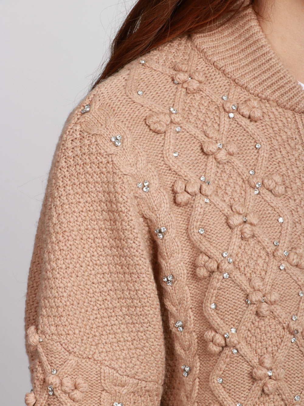 ESSENTIEL ANTWERP Cardigan Iltimate in Lana Cammello con Lavorazione e Strass Cammello