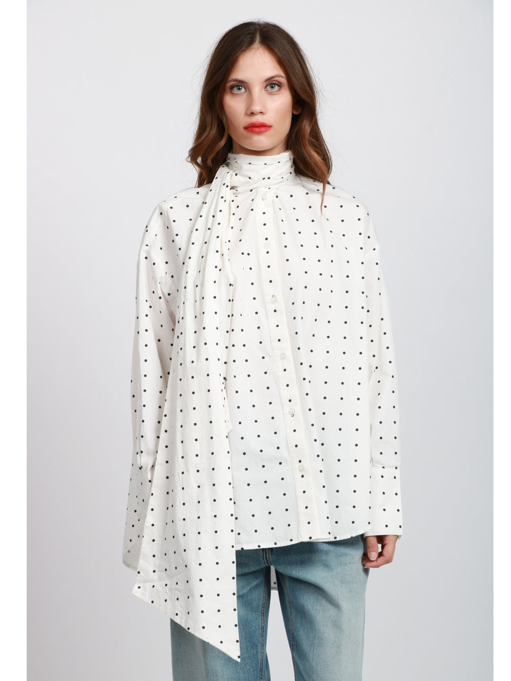 ESSENTIEL ANTWERP Camicia Imoverit Over in Cotone Bianca a Pois con Fiocco Bianco/nero