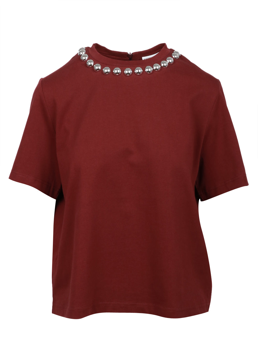 ESSENTIEL ANTWERP T-Shirt Intenso Girocollo in Cotone Bordeaux con Borchie Bordeaux
