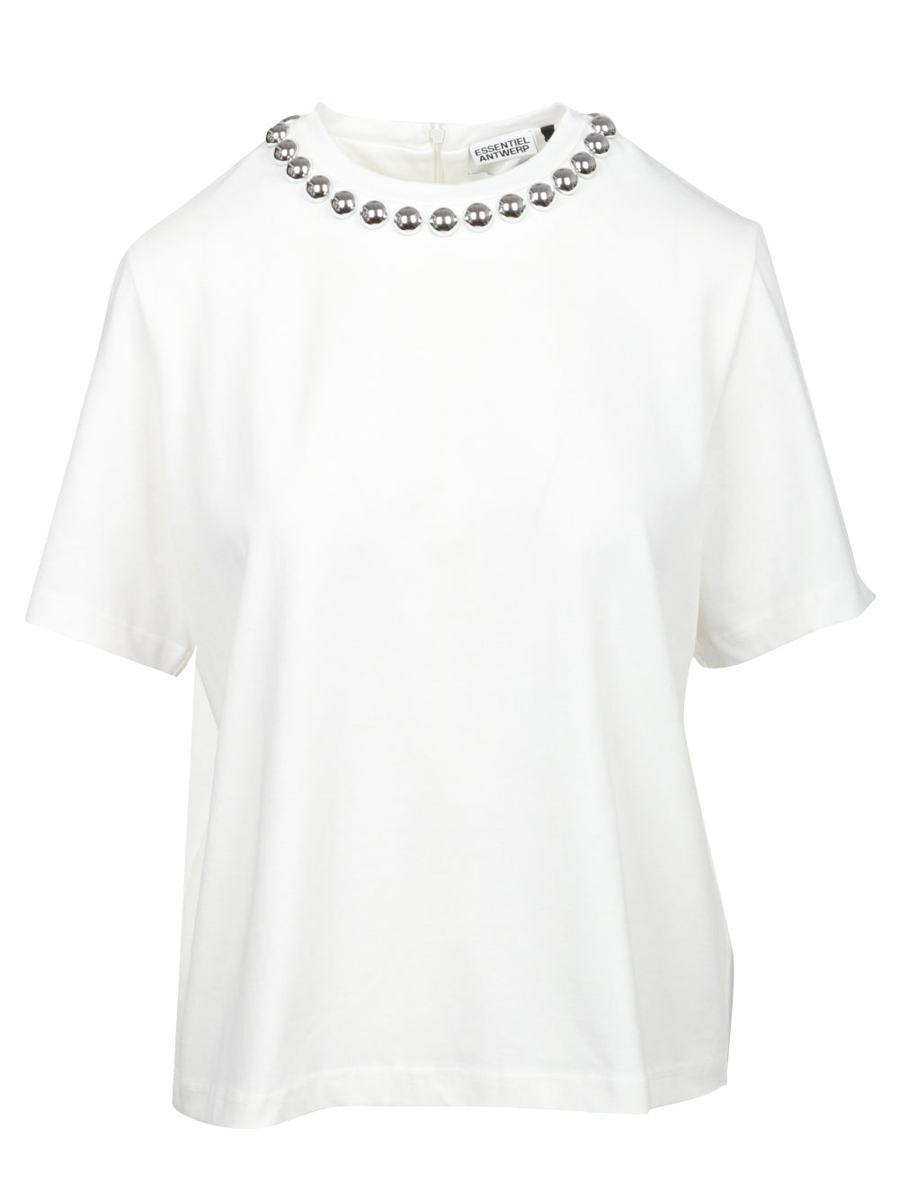 ESSENTIEL ANTWERP T-Shirt Intenso Girocollo in Cotone Bianca con Borchie Bianco