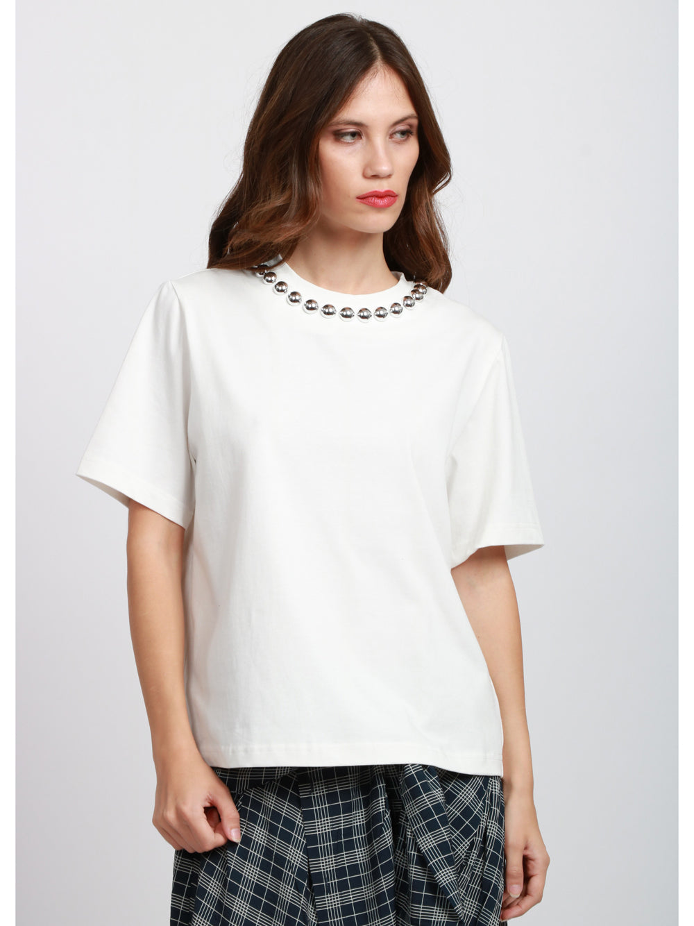 ESSENTIEL ANTWERP T-Shirt Intenso Girocollo in Cotone Bianca con Borchie Bianco
