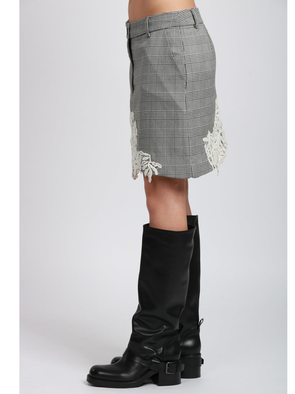 ESSENTIEL ANTWERP Minigonna Interior in Principe di Galles Grigia con Pizzo Grigio/nero/bianco