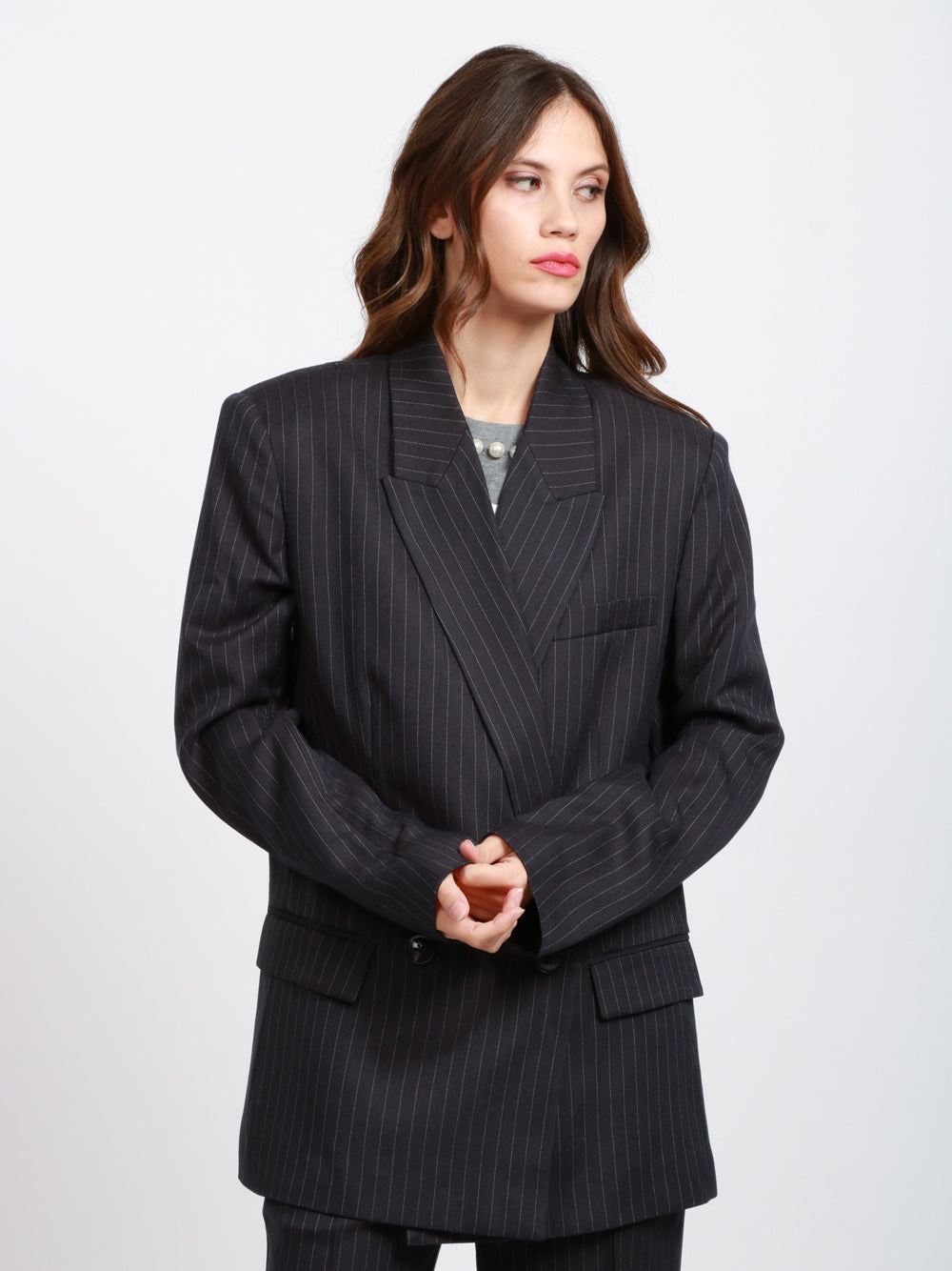 ESSENTIEL ANTWERP Giacca Ipursuit Doppiopetto Gessata Blu e Bianca Blu/bianco