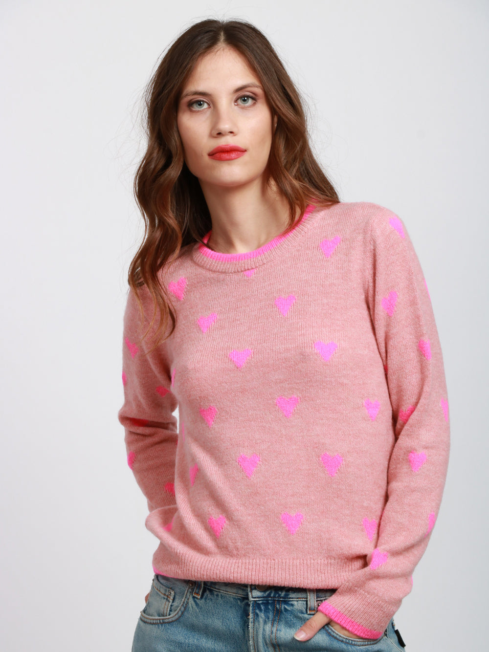 ESSENTIEL ANTWERP Maglia Isa Girocollo in Misto Lana Rosa con Cuori Rosa/rosso