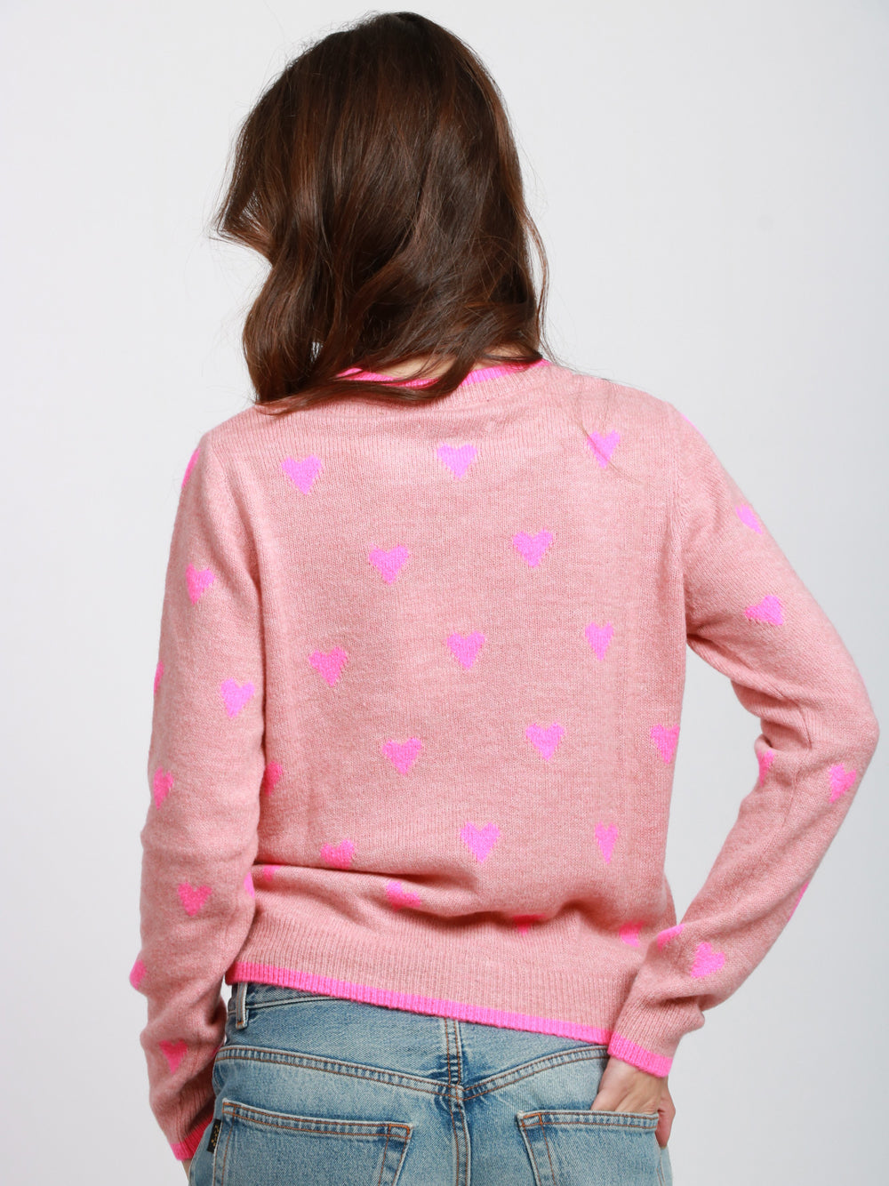 ESSENTIEL ANTWERP Maglia Isa Girocollo in Misto Lana Rosa con Cuori Rosa/rosso