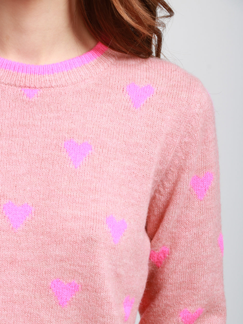 ESSENTIEL ANTWERP Maglia Isa Girocollo in Misto Lana Rosa con Cuori Rosa/rosso