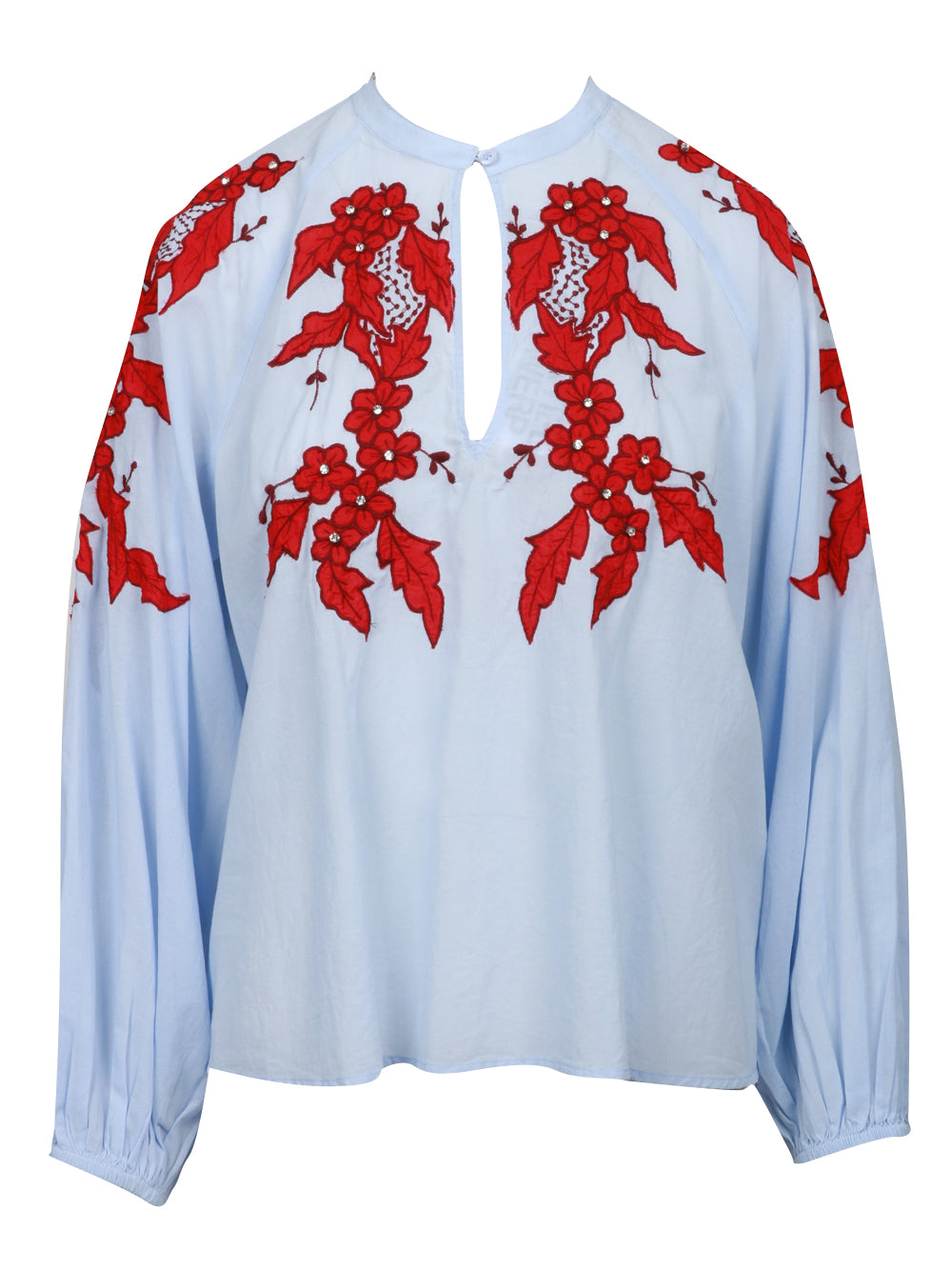 ESSENTIEL ANTWERP Blusa Ishimbay in Cotone Celeste con Ricamo Fiori Rosso Celeste Rosso