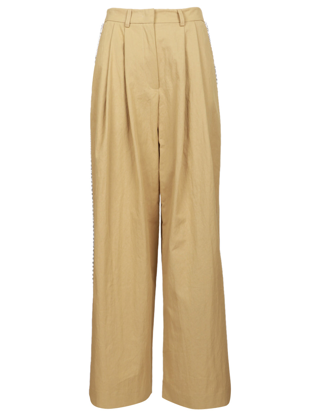 ESSENTIEL ANTWERP Pantaloni Iso Palazzo in Cotone Kaki con Strass e Pinces Kaki