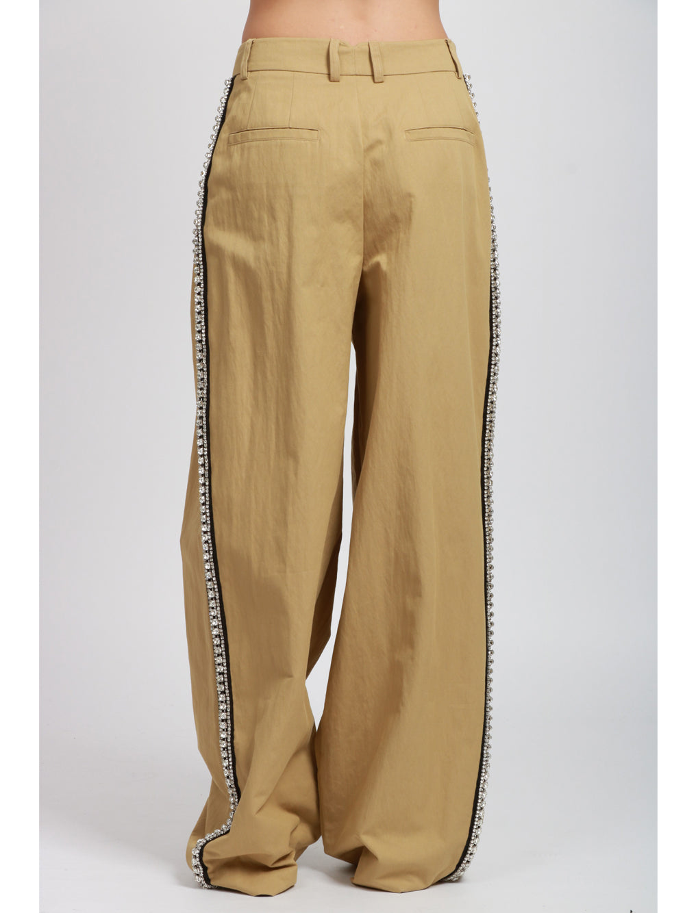 ESSENTIEL ANTWERP Pantaloni Iso Palazzo in Cotone Kaki con Strass e Pinces Kaki