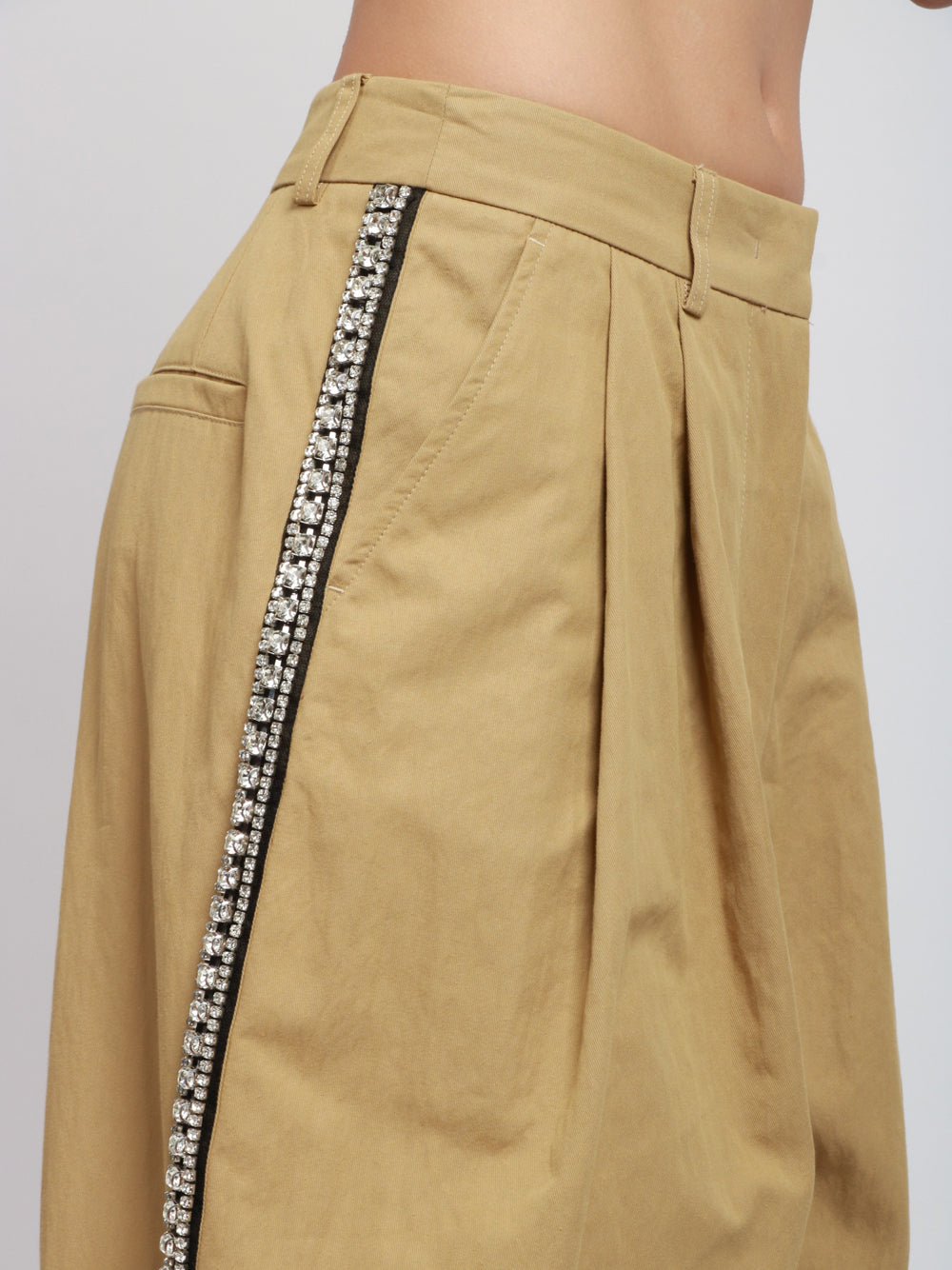 ESSENTIEL ANTWERP Pantaloni Iso Palazzo in Cotone Kaki con Strass e Pinces Kaki